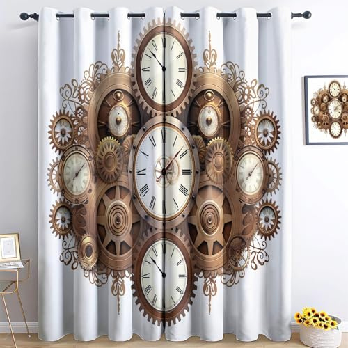 Blickdichte Vorhänge Schlafzimmer Wohnzimmer Verdunkelungsvorhang Uhr Mit Metallzahnrad Blickdicht Vorhänge Kinderzimmer Schlafzimmer Thermovorhang Mit Ösen Steampunk 160 x 70 cm（H X B） 2Er Set