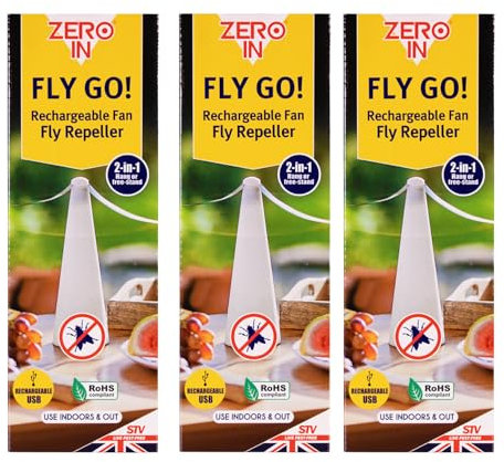 Zero In Fly Go! - Ventilador Repelente de Moscas – Paquete de 3 – Ventiladores de Moscas Recargables por USB para mesas, plagas voladoras, disuasorio para Exteriores e Interiores para cenas
