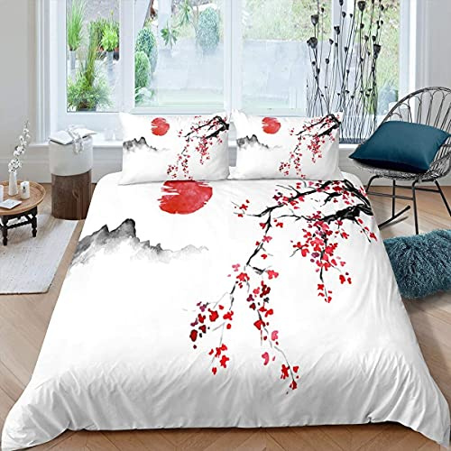 Funda Nordica Cama 135 150 Flores de Cerezo Japonesas, Microfibra Fundas Nordicas, Funda Nórdica Japón, Ropa de Cama 240x220 cm y 2 x Fundas de Almohada C-D569