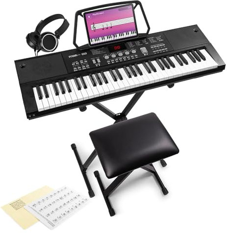 MAX KB15SET 61-Key Beginner Electronic Music Keyboard Package with Stand, Stool, Headphones, Microphone & 6-Month Gigajam Lessons for Beginners