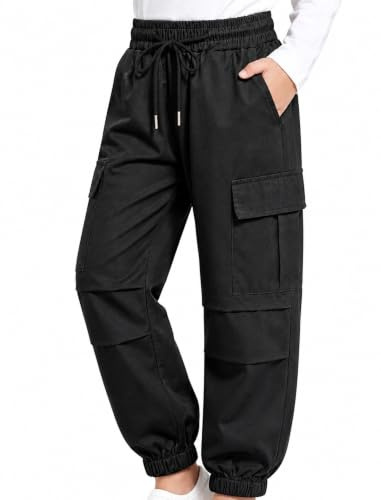JiAmy Pantaloni cargo da ragazza, in cotone elastico in vita, casual, larghi, pantaloni da paracadute, Y2k, multi tasche, per danza, jogging, per 5-14 anni
