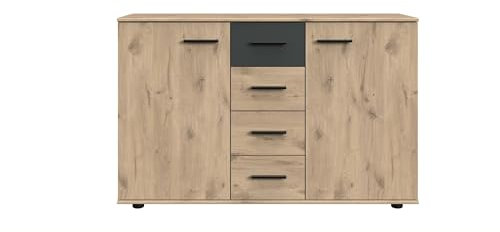 möbelando Kombikommode >Budapest< in Viking-Oak Nachbildung mit Graphit-Absetzungen ? 130 cm breit, 83 cm hoch, 41 cm tief, 2 Türen, 4 Schubladen, 2 Einlegeböden, zerlegt geliefert