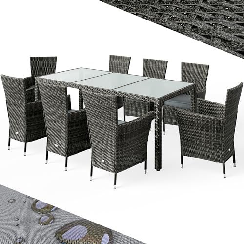 Moderno set di mobili da giardino in rattan sintetico da 9 pezzi, resistente alle intemperie, set con 8 sedie impilabili e tavolo in vetro 190 x 90 cm, elegante gruppo di sedute grigio