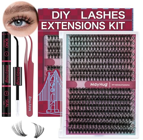 Mayhug Extension Ciglia Kit 40+50D Naturale 9-16mm Ciglia Finte Ciuffetti 320Pcs Extension Ciglia D Curl Morbido Ciuffetti Ciglia Finte (40+50D kit)