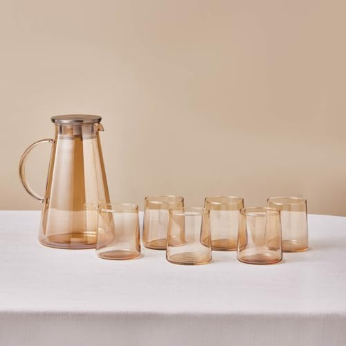 Karaca Serene Clear Tumbler Drinking Glasses Set of 7, Includes Carafe and Glass Set, Elegant Glass Cups for Home and Entertaining, Amber