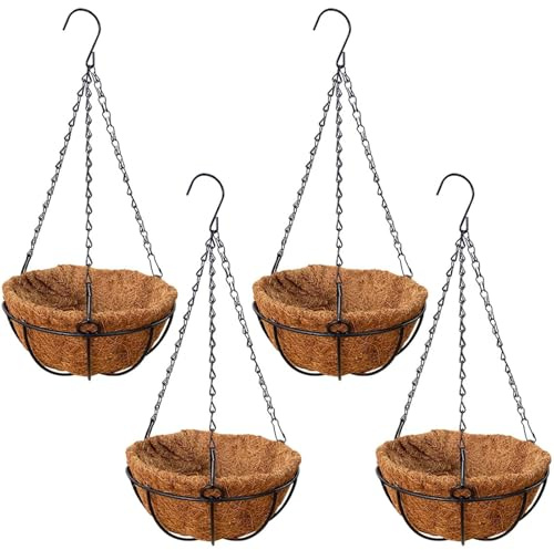 Kalsey 4 Stück Blumenampel Kokos, Metall Blumenampel, Pflanzenampel Kokos, Metall Hängekorb mit Kokosfaser-Innenfutter, Blumentöpfe zum Aufhängen, für Garten Veranda Balkon Pflanze Blume