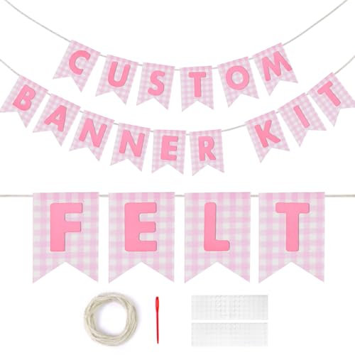 Custom Banner Kit, 28 Pink Printed Burlap Banner with 92 Felt Letters, Make Your Own Diy Customizable Kit for Birthday Wedding Party Decorations