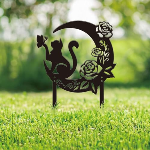 SUPERDANT Decoration Jardin Exterieur avec Chat sur la Lune Motif Fleur et Lune Silhouette Noire Décoration Piquets pour Animaux Décoration Fer Forgé pour Jardin