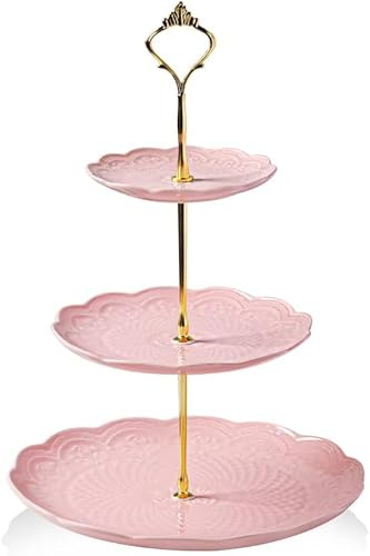 Sweejar Home 3 Tier Ceramic Cake Stand Wedding, Dessert Cupcake Stand for Tea Party Serving Platter(Rose Pink)