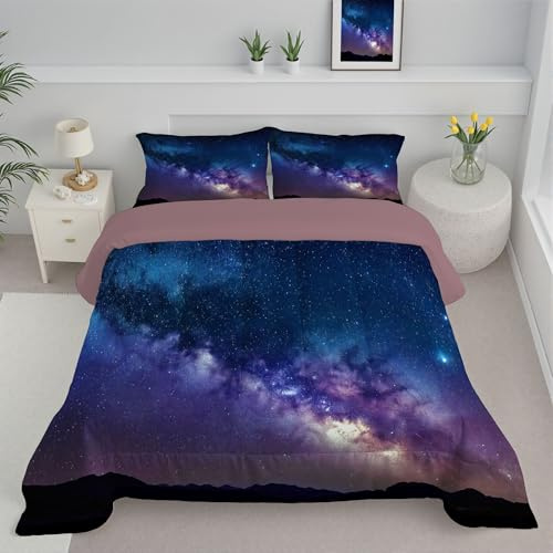 JEDTAKCT Piumino Letto King Size 4 Stagioni 260X230, Blu Viola Reversibile Piumone Leggero, Montagne Del Cielo Stellato Paesaggio Cosmico Coperta Trapunta In Microfibra, Lavabile In Lavatrice
