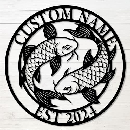 Personalized Koi Fish Metal Sign – Custom Name Wall Art with Double Koi Design – Iron Decoration for Garden, Patio, Pond Area, Zen Space, or Home Entrance (Design-C)