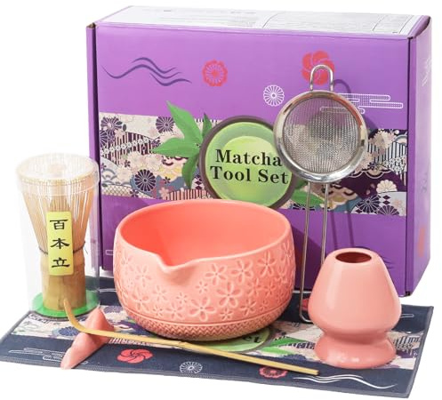 Wdmiya Matcha Set, 7 Stück Japanisches Matcha Tee Set mit Matcha Besen | Edelstahlsieb, Matcha Schale, Matcha Löffel, Besenhalter aus Keramik, Aumwollteetuch, Geschenk für Matcha-Liebhaber, Rosa