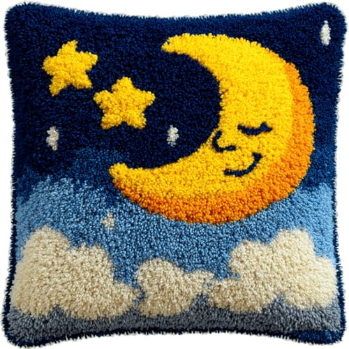 XDEGHUANGSS Kit Créatif Coussins et Tapis au Crochet Avec Motif Pré Imprimé,Kit Coussin Au Point Noué,Loquet Crochet Complet Housse De Coussin,Fait Main,43x43cm(Étoiles et lune)