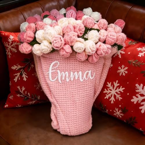 Qubist Personalized Handmade Crochet Rose Flower Blanket Bouquet – Custom Name Gift for Mother's Day, Valentine’s Day, Mom or Girlfriend（Pinkish White）