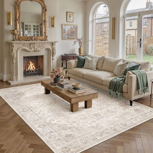 PureCozy matta vardagsrum 300 x 400 cm tvättbar vintage beige tepich för sovrum halkfri kort lugg mjuk böhmisk retro stor XXL matta för kök matsal sovrum kontor vardagsrum
