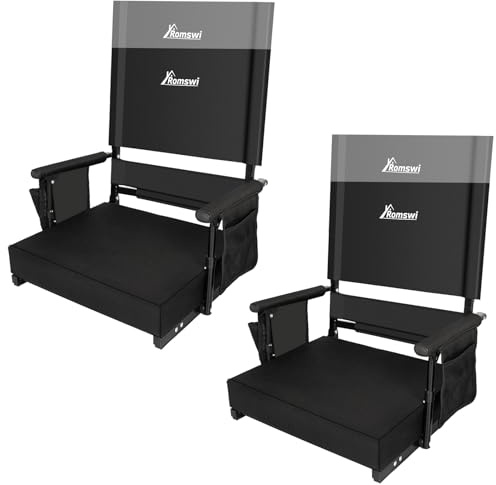 Romswi 2-Pack Stadium Seat with Height Adjustable High Back & Lumbar Support, 3 Thick Bleacher Chairs with 2 Height Adjustments, Armrests & Cup Holders, Comfortable & Portable, Black