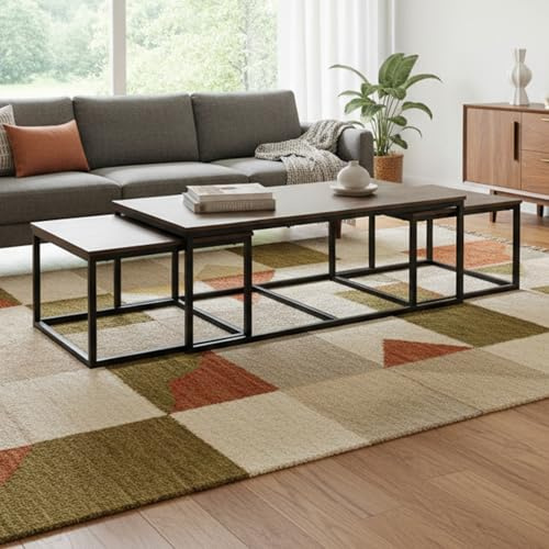 Arcadia 3-Piece Nesting Coffee Table Set – 54 Large Table with Two 26 Small Tables – Industrial Farmhouse Style with Solid Acacia Wood & Metal Sled Legs by Alaterre Furniture (Antiqued Mocha)