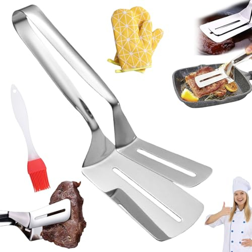 Stainless Steel Grill Clamp,11.8in Stainless Steel Grill Clamp,Anti-Scald Extended Handle Spatula Tongs,Multifunctional Food Flip Shovel Clip,for Home Restaurant and Party Use (1Pc)