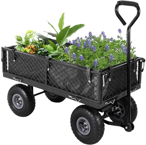 GarveeTech 226kg Gartenwagen Gerätewagen Klappbar Gitterwände Luftreifen | 10 Profilräder; Ergonomischer Ziehgriff; Abnehmbare Plane; Ideal für Hof & Camping; Robuster Stahlrahmen; Grau-Schwarz