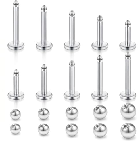 CIZME Labret Piercing 16G 1.2mm Chirurgenstahl Bioflex Lippenpiercing Ohr | Ohrstecker Set 4/6/8/10mm Kugel Flatback Tragus Helix Conch Schmuck Silber Bunt Transparent Piercings Stecker Damen
