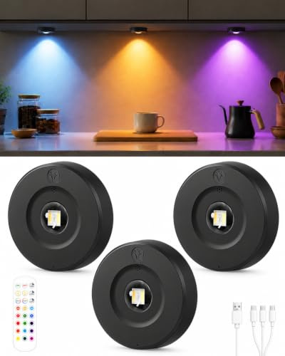 USB Aufladbar LED Spots Akku, 3 Stück RGB Vitrinenbeleuchtung LED, Schwarz | kabellos unterbauleuchte mit fernbedienung, dimmbare, timer, 1800mAh, magnet puck lights schrankbeleuchtung für küche vitrine