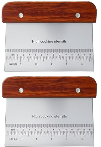 2 PCS Wooden Handle Dough Scraper, Grade Stainless Steel Bench Scraper, Dough Cutter with Measuring Scale, Bread Scraper for Pizza, Bread, Pastry, Cake