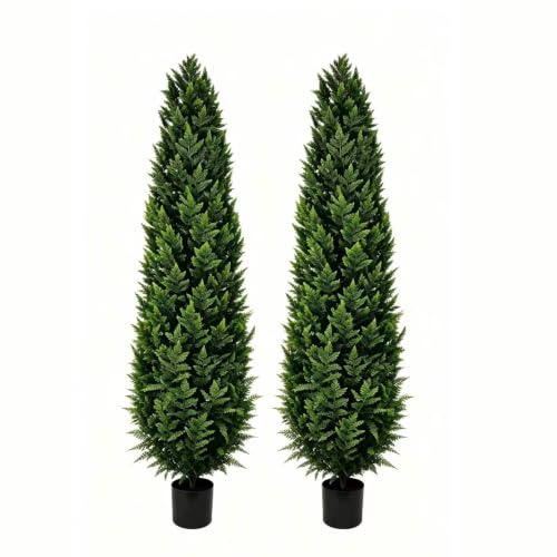 5FT Artificial Cedar Topiary Trees Set of 2, Ultra Lush Faux Cypress with Upgraded Weighted Base & UV Protection, Realistic Fade-Resistant Evergreen for Front Porch Outdoor Home Decor, 60 Tall