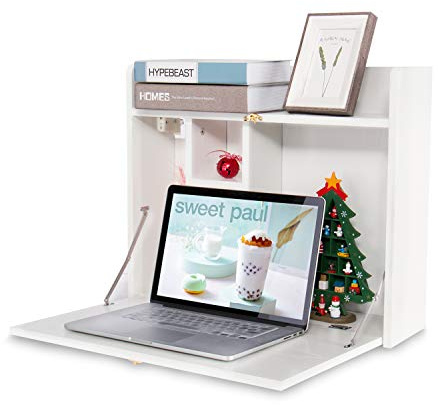 YUSING Wall Mounted Table, Multifunctional Fold Down Wall Mounted Laptop Computer Desk with Storage Compartments for Home, Office, White