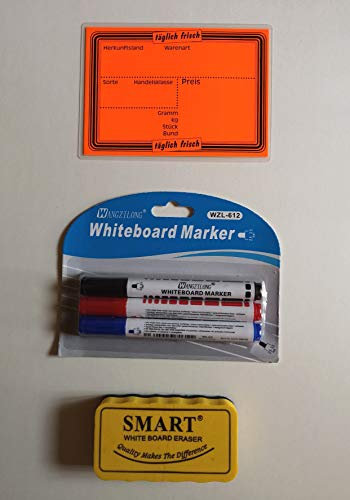 20 laminierte Preisschilder 111 x 154 mm leuchtorange + 3 Marker + 1 Schwamm zum Löschen für Obst und Gemüse mit Aufdruck Werbesymbole