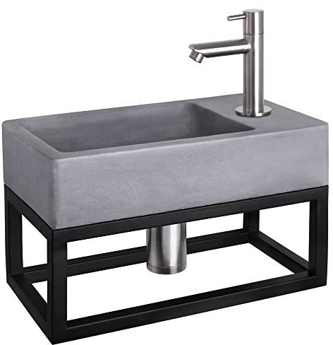 Differnz Force Waschbecken mit Handtuchhalter - Waschtisch Dunkelgrau Beton - Gerade Armatur Matt Chrom - Komplettset - 40 x 22 x 8 cm