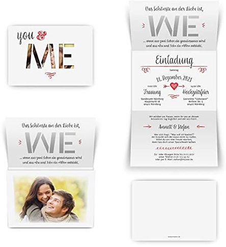 10 x Lasergeschnittene Hochzeit Einladungskarten Text und Foto individuell selbst gestalten DIN A6 Klappkarten - ME wird WE