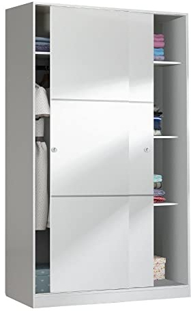 Mobelcenter, Armario 2 Puertas Correderas Matrimonio o Juvenil con 3 estantes y Barra de Colgar, Color Blanco Brillo, Medidas: Ancho: 120 cm x Fondo: 50 cm x Alto: 200 cm (1415)