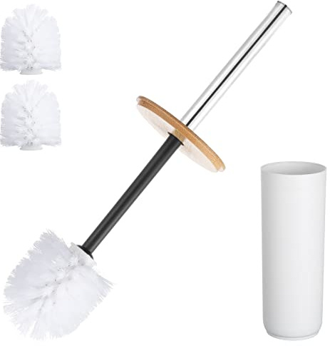 KEESIN Juego de cepillo de inodoro de plástico de bambú con cubo de almacenamiento, 3 cabezales de cepillo para accesorios decorativos de baño (blanco)