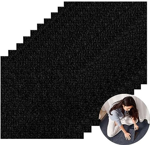 Lot de 10 carreaux de moquette auto-adhésifs à rayures, antidérapants, lavables, résistants à l'usure, pour bureau, chambre, salon, salle de bain, cuisine (noir, 30 x 30 cm)