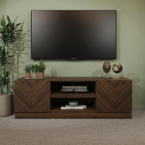 GFW Catania 2 Door Elegant TV Display Shelves & Storage Cabinet, Entertainment Unit Media Stand Herringbone Inspired Wood-Grain Living Room Furniture, Royal Walnut Finish, D-39.8 x H-43 x W-130cm