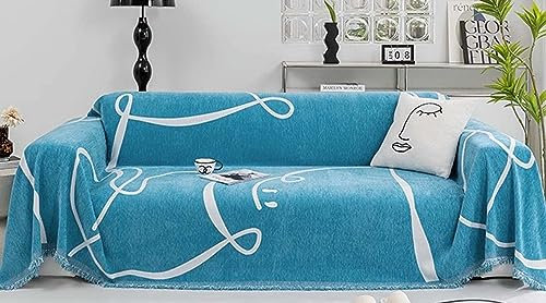 Mesnt Überwurf für Sofa, Blau Sofaschoner Überwurfdecke Sofaschutz für Katze/Hunde mit Minimalistisches Linienmuster aus Chenille, 180x420CM
