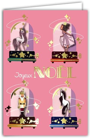 Glittering Gold Merry Christmas Card with White Envelope Size 12 x 17.5 cm - Unicorn Princess Ballerina Dancer Nutcracker King Prince Best Wishes Girl - Made in France