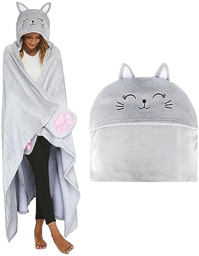 Shoppawhile Coperta con Maniche e Cappuccio Regali per Amanti dei Gatti Flanella Plaid con Maniche 130×150 cm Regalo Donna Compleanno Natale Divertente Coperta Gatto Indossabile