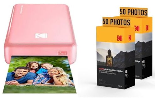 KODAK Pack Fotodrucker PM220 und 2 Patronen MSC50 – Fotos 5,4 x 8,6 cm, WiFi, kompatibel mit iOS und Android – Rosa
