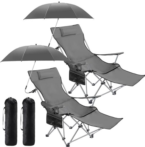 Seeloowy 2 Set Camping Chair and Chair Umbrella Set Folding Camp Chair with Footrest Mesh, Lounge Chair with Cup Holder and Storage Bag Reclining for Camping Fishing Outdoor Activities (Gray)