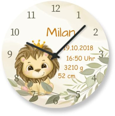 Personalisierte Wanduhr Löwe Baby Geburt Taufe Junge Mädchen Babygeschenk