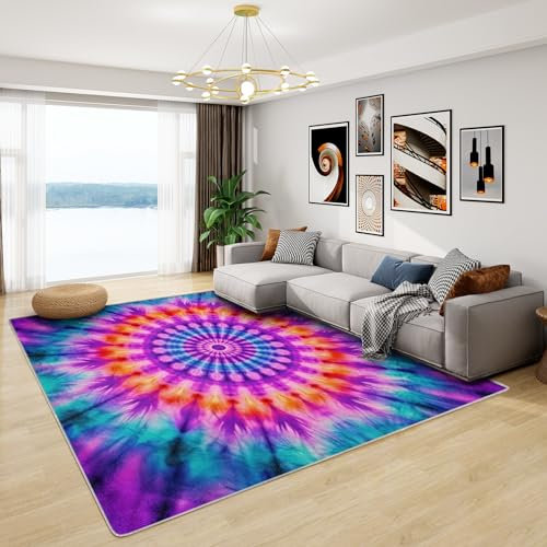 Teppich Tie Dye - Teppich Wohnzimmer Schlafzimmer Psychedelisch, Großer Teppich Bunte, Weich Kurzflor & Waschbar & rutschfest Wohnzimmerteppich, Bettvorleger 120x170 cm