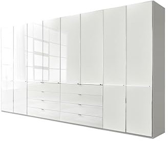 WIEMANN Drehtürenschrank mit 8 Schubkästen hochwertiger Kleiderschrank Schlafzimmerschrank 400cm breit, mit Schubladen, Glas Weiß, Höhe 216cm, Shanghai