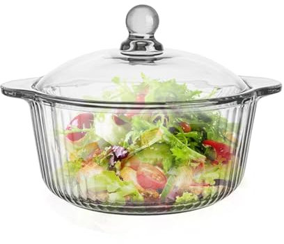 Fuente Redonda de Cristal Con Tapa (17 x 17 x 12,5 cm) - Cuenco Azulado Multifuncional para Ensalada, Pasta, Desayuno, Avena, Yogur y Sopa