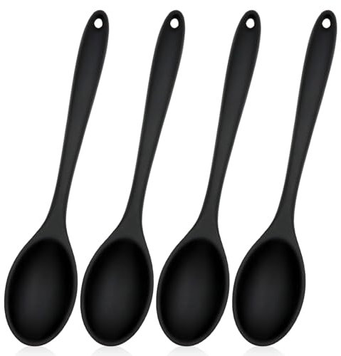 BORISCA 4 Pezzi Cucchiaio Silicone Cucina, Nero Cucchiaio Antiaderente, 27.5 * 5.5CM Cucchiai per Mescolare, Anti-Calore Mestolo Silicone Cucina Grande per Cucinare, Cuocere, Mescolare e Servire