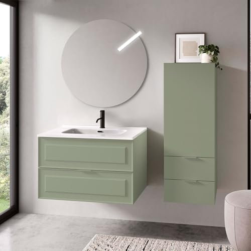 Inbagno Mobile bagno sospeso 100 cm salvia opaco con lavabo in ceramica, doppio cassettone e specchio tondo 80 cm, MATISSE