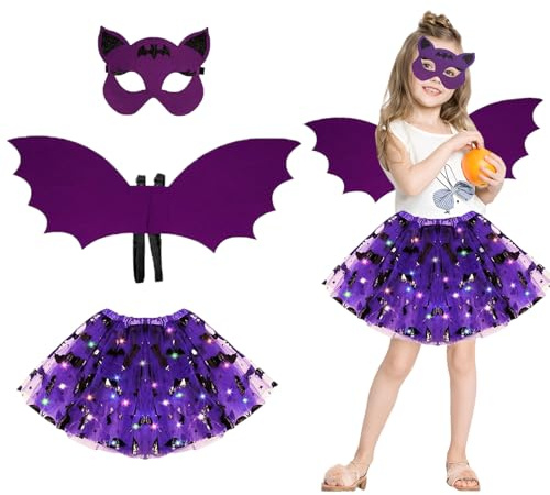 23GUANYI Déguisement Chauve Souris Enfant, Deguisement Halloween Fille avec Ailes de Chauve Souris et Masque et Tutu avec Lumineuse LED Intégrée pour Halloween Cosplay FêTe de Mascarade