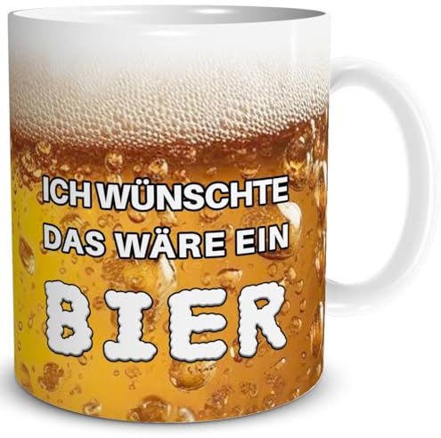 TRIOSK Bier Tasse in Bierglas-Optik mit Spruch Ich wünschte, das wäre ein Bier! - Lustiges Geschenk für Bierfans, Männer & Kollegen - Geburtstag & Vatertag - Keramik 300 ml, Weiß