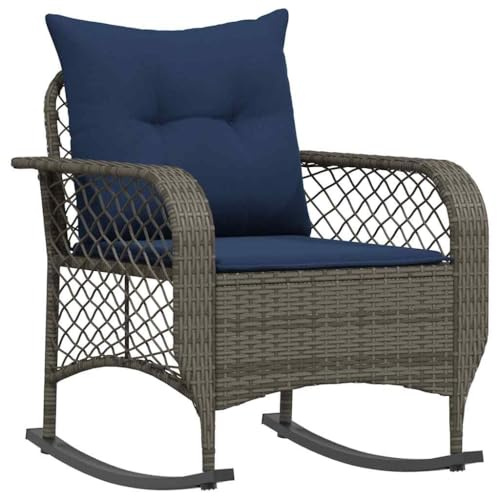 vidaXL Garten-Schaukelstuhl mit Kissen Grau Poly Rattan, Gartenstuhl, Gartensessel, Outdoor-Schaukelstuhl, Schaukelsessel, Schwingsessel