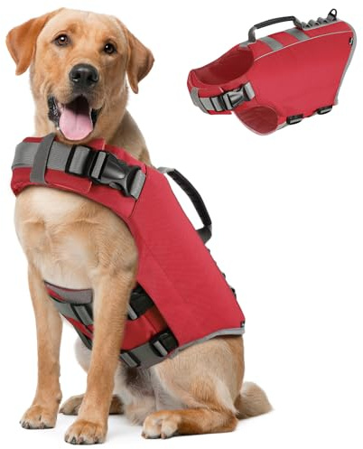 Pawaboo Schwimmweste Hund, Einstellbare Hundeschwimmweste | mit Starkem Auftrieb und Langlebigem Rettungsgriff Reflektierend Rettungswesten für Hunde Schwimmen Bootfahren, XL, Rot